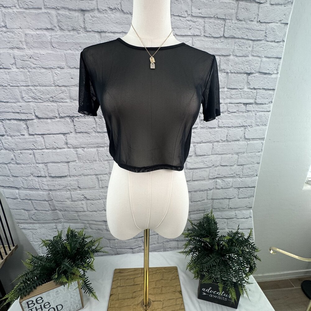 Avidlove Black Sheer Mesh Short Sleeve Crop Top S Layering
